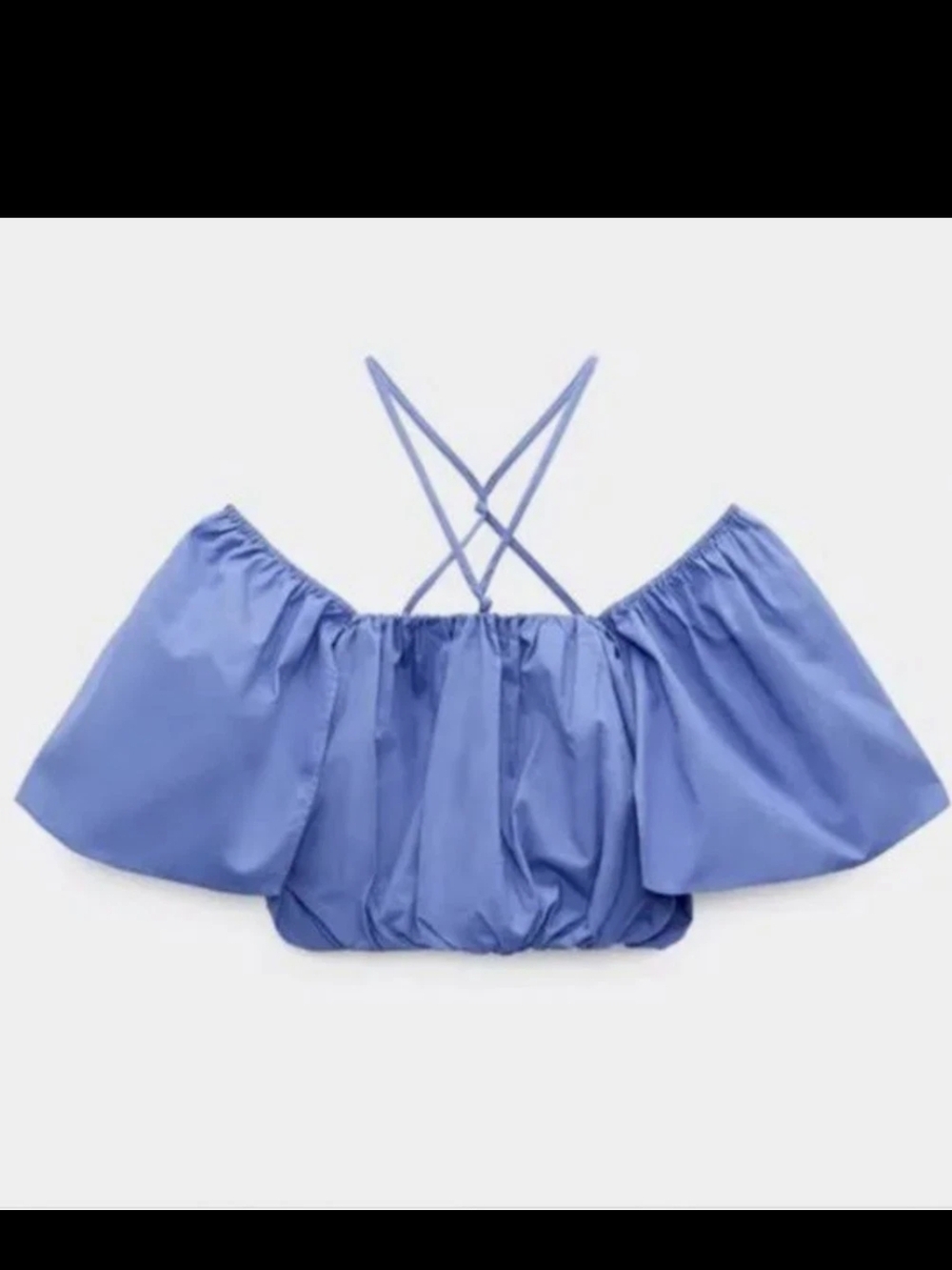 Zara Periwinkle Blue Cotton Crop Top Off Shoulder Strappy Ruched Blouse Summer S